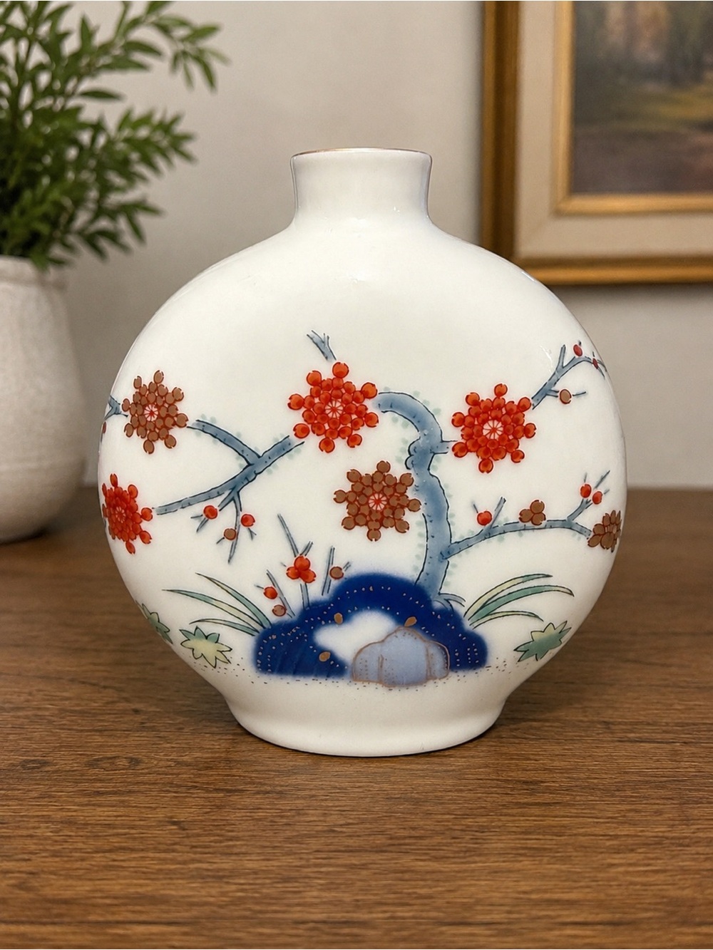 Vintage Japanese Porcelain Bud Vase Red Blossoms Blue Rock Gold Trim 4 Inch